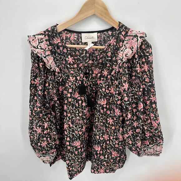 CLEOBELLA NWT Evereve Brynlee Black Pink Org Cotton Metallic Print Blouse // M - Picture 9 of 16